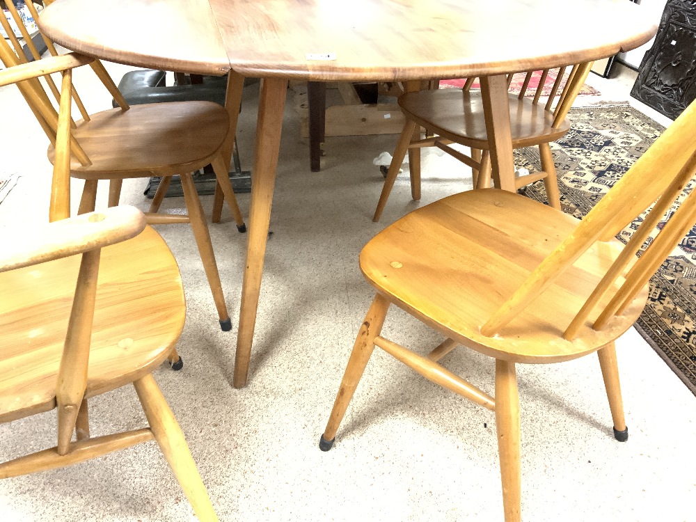 CIRCULAR ERCOL DROPLEAF DINING TABLE WITH FOUR ERCOL STICK-BACK DINING CHAIRS (120 DIAMETER) - Image 4 of 5