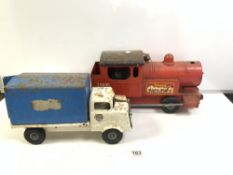 VINTAGE TRI-ANG TIN PLATE PUFF-PUFF 73000 TOY TRAIN, AND A VINTAGE TRI-ANG TIN-PLATE TRUCK