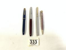 1937 CORONATION PENCIL, AND THREE PARKER FOUNTAIN PENS (ONE WITH 14K NIB)