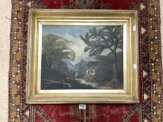 NAIVE OIL ON CANVAS PAINTING OF A COTTAGE AND FIGURES BY A RIVER DWELLING, SIGNED J. J POTTS IN A