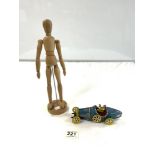 TIN-PLATE CLOCKWORK TOY RACING CAR 1-970, AND A WOODEN ARTICULATED ARTISTS DUMMY, 32CMS