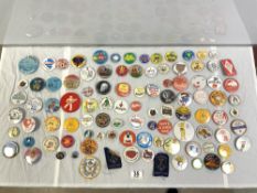 A QUANTITY OF VINTAGE BADGES - WIMPY CARD AND MANY OTHER SUBJECT