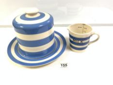 TG GREEN BLUE AND WHITE CORNISH WARE CHEESE DOME, AND A CORNISH WARE