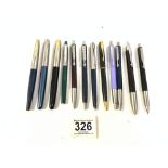 PARKER FRONTIER FOUNTAIN PEN, TWO OTHER PARKER FOUNTAIN PENS, AND PARKER BALL POINT PENS, AND A