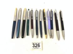 PARKER FRONTIER FOUNTAIN PEN, TWO OTHER PARKER FOUNTAIN PENS, AND PARKER BALL POINT PENS, AND A