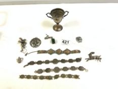 MIXED SILVER AND WHITE METAL ITEMS INCLUDES BRACELETS, BROOCH, PENDANT, AND HALLMARKED SILVER TWIN-
