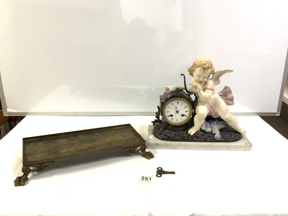 JAPY FRERES MANTLE CLOCK, WHITE MARBLE BASE WITH A CHERUB A/F ON A BRASS PLINTH WITH LION PAW - Image 7 of 7