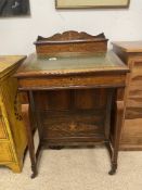 EDWARDIAN ROSEWOOD WITH MARQUETRY WORK DAVENPORT WITH GREEN TOOLED LEATHER TOP AND THREE SIDE
