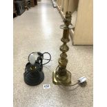 A VICTORIAN BRASS CANDLESTICK TABLE LAMP (35CMS), AND A SQUAT METAL TABLE LAMP