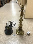 A VICTORIAN BRASS CANDLESTICK TABLE LAMP (35CMS), AND A SQUAT METAL TABLE LAMP