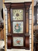 AMERICAN WALL CLOCK BY SETH THOMAS CONNECTICUT WITH FLORAL GLASS PANELS AND GILT COLUMN DECORATION