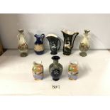 TWO CROWN DEVON BLACK GROUND HORSE DECORATED JUGS, A ROYAL DOULTON JUG, AND VASE, PAIR OF NORITAKE