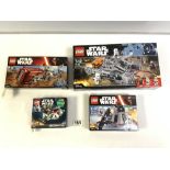 FOUR LEGO STAR WARS SETS IN BOXES, REY'S SPEEDER AND THREE OTHERS