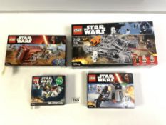 FOUR LEGO STAR WARS SETS IN BOXES, REY'S SPEEDER AND THREE OTHERS