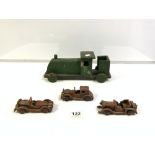 VINTAGE PAINTED WOODEN MODEL OF A TRAIN, AND THREE WOODEN MODELS OF 1940'S CARS