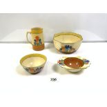 VINTAGE CLARICE CLIFF BIZARE RANGE (CROCUS), FOUR PIECES INCLUDES A WATER JUG, GRAPE FRUIT DISH