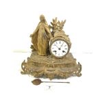 19TH-CENTURY FRENCH GILT SPELTER RELIGIOUS FIGURE MOUNTED MANTLE CLOCK WITH ENAMEL DIAL (A/F),