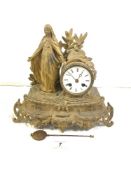 19TH-CENTURY FRENCH GILT SPELTER RELIGIOUS FIGURE MOUNTED MANTLE CLOCK WITH ENAMEL DIAL (A/F),