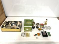 TWO MINIATURE HALLMARKED SILVER TROPHIES AND A PECKING CHICKEN TOY, ZIPPO LIGHTER, ETC