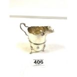 EDWARDIAN HALLMARKED SILVER HELMET-SHAPED CREAM JUG ON LION MASK AND PAD SUPPORTS, 10CMS, 82 GRAMS