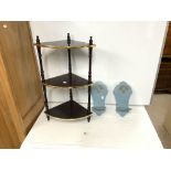 THREE-TIER CORNER SHELVES, AND A PAIR OF PAINTED WALL SCONCES