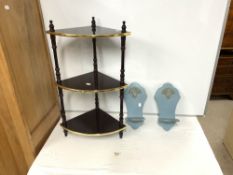 THREE-TIER CORNER SHELVES, AND A PAIR OF PAINTED WALL SCONCES