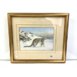 WATERCOLOUR OF A SNOW LEOPARD - SIGNED BRIAN ROUSE, IN A GILT FRAME, 36.5 X 25.5CMS
