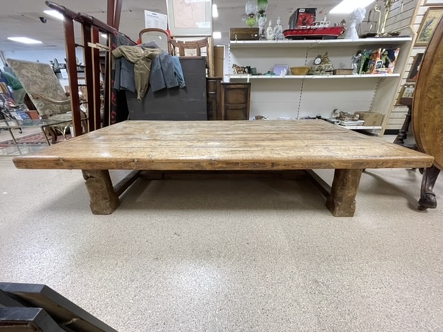 VERY LARGE RUSTIC CHUNKY FRENCH PINE LOW TABLE ON FOUR THICK CHAMFERED LEGS (230 X 120 X 45) - Image 3 of 3