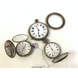 TWO HALLMARKED SILVER POCKET WATCHES, BOTH A/F WITH ONE OTHER POCKET WATCH