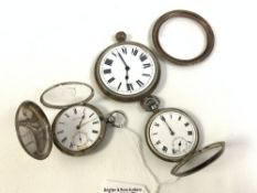 TWO HALLMARKED SILVER POCKET WATCHES, BOTH A/F WITH ONE OTHER POCKET WATCH