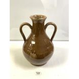 BROWN GLAZED TWO HANDLED VASE, 40CMS