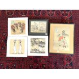 TWO ORIENTAL FRAMED WATERCOLOURS OF FIGURES, 24 X 35CMS, AND THREE UNFRAMED WATERCOLOURS