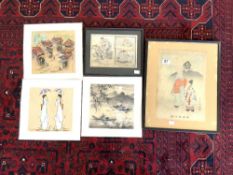 TWO ORIENTAL FRAMED WATERCOLOURS OF FIGURES, 24 X 35CMS, AND THREE UNFRAMED WATERCOLOURS