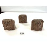 THREE VICTORIAN STONE WARE SASH WINDOW STOPS WITH LIONS HEAD DECORATION