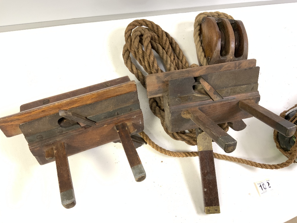 VINTAGE BLOCK AND ROPE TACKLE, GLASS FISHING FLOATS, TWO MOULDING PLANES ETC - Image 5 of 5