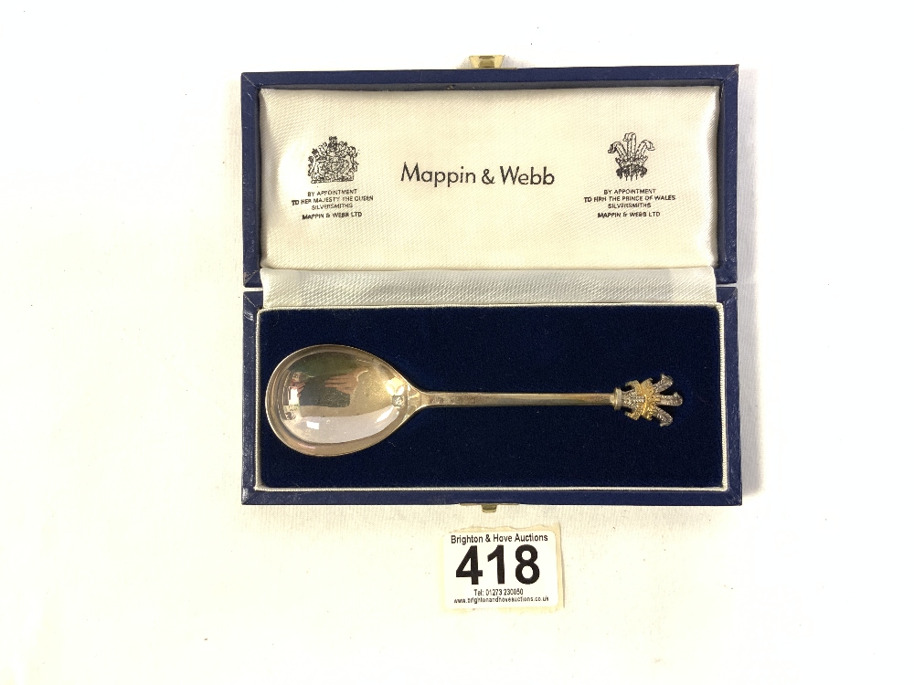 HALLMARKED SILVER PRINCE OF WALES COMMEMORATIVE SPOON IN CASE, MAPPIN & WEBB