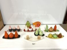 SEVEN CARLTON WARE VEGETABLE AND FRUIT FORM CRUETS, WITH A CARLTON WARE CAT MONEY BANK