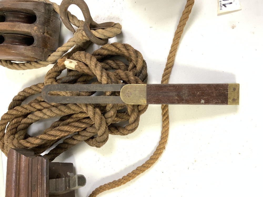 VINTAGE BLOCK AND ROPE TACKLE, GLASS FISHING FLOATS, TWO MOULDING PLANES ETC - Image 3 of 5