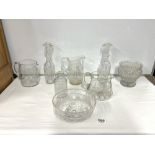 QUANTITY OF CUT-GLASS INCLUDING HOBNAIL CUT ROSE BOWL, JUGS, DECANTERS, ETC