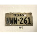AUTHENTIC TEXAS NUMBER PLATE NWW + 261