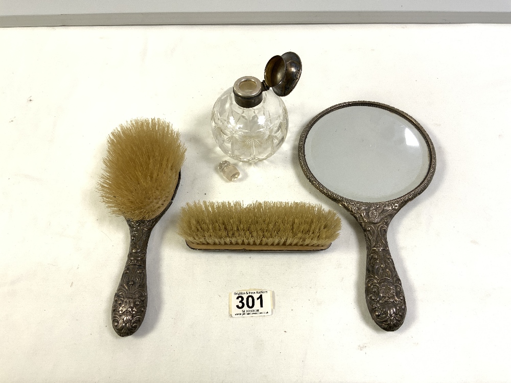 HALLMARKED SILVER DRESSING TABLE SET (A/F) AND SILVER AND ENAMEL TOP SCENT BOTTLE (A/F) - Image 3 of 9