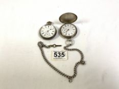 TWO HALLMARKED SILVER POCKET WATCHES, ONE FULL HUNTER WITH HALLMARKED SILVER ALBERT CHAIN