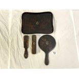TORTOISESHELL TRAY, HAND MIRROR, BRUSH, AND A SHOE HORN, WITH YELLOW METAL MONOGRAM INSET