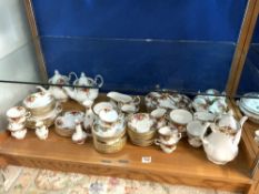 ROYAL ALBERT OLD COUNTRY ROSES TEA AND DINNERWARE, VASES AND CAKE STAND APPROX EIGHTY-PIECES