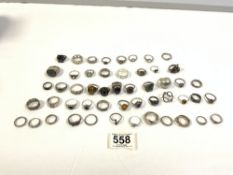 FORTY-FIVE 925 SILVER RINGS WITH TEN WHITE METAL RINGS, 221 GRAMS