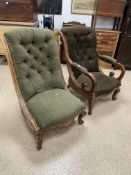 GREEN BUTTON BACK ARMCHAIR WITH A MATCHING CHAIR-CARVED MAHOGANY FRAME