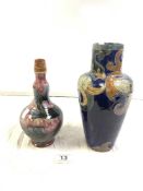 TWO RARE ROYAL DOULTON ART NOUVEAU VASES BY MARK V MARSHALL, THE TALLEST BLUE VASE (A/F), 27CMS,