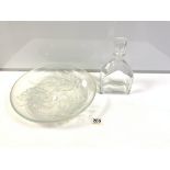 ART DECO SHALLOW GLASS BOWL WITH MOULDED FLORAL DECORATION (A/F), 35CMS, AND A MODERN GLASS