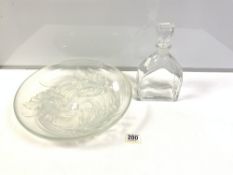 ART DECO SHALLOW GLASS BOWL WITH MOULDED FLORAL DECORATION (A/F), 35CMS, AND A MODERN GLASS