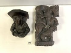 ANTIQUE CARVED OAK EASTERN FIGURE OF A MAN ON HORSEBACK HUNTING TIGER, AND CARVED WOODEN MONK WALL